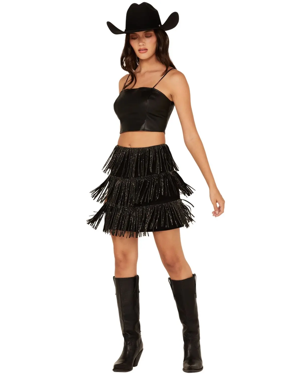 Fornia Women's Women'S Rhinestone Fringe Faux Suede Mini Skirt - Frng-Rhn-Blk