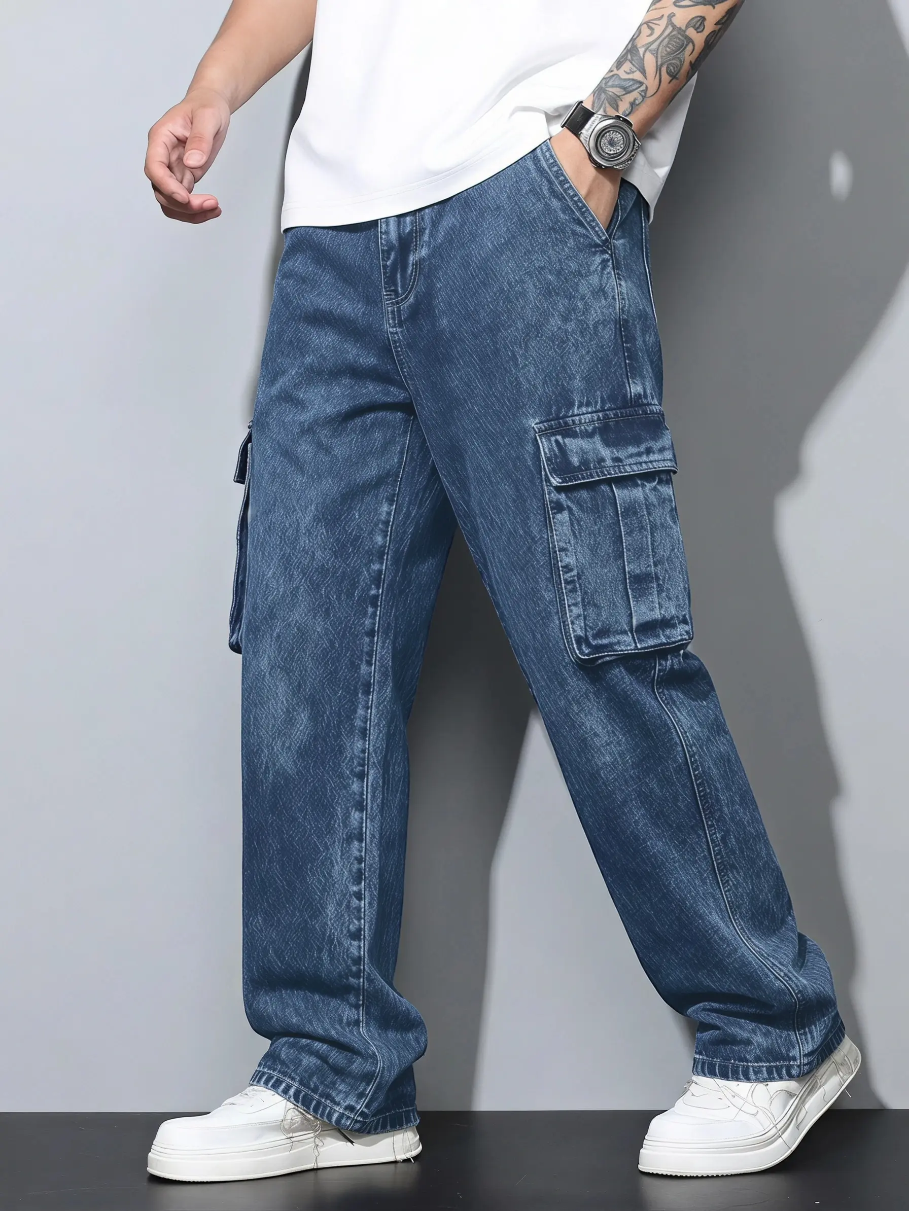 Men's Relaxed Tapered Cargo Jeans in Vintage Acid Wash Denim with Tactical Multi-Pockets for Streetwear & Techwear, Plain, Menswear, Chunky, Simple, Cropped, Sneakers, Cotton, Utility, Vest