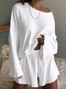 Women's Solid Color Long Sleeve T-Shirt and Shorts Loungewear Set, Comfortable Sleepwear for All Seasons, Homewear and Pjs for Women