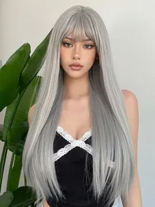 26 Inch Long Straight Grey Wigs for Women, Gorgeous Fluffy Wigs with Bangs, Synthetic Full Machine Wigs for Party, Daily Use, Synthetic Fiber Wigs