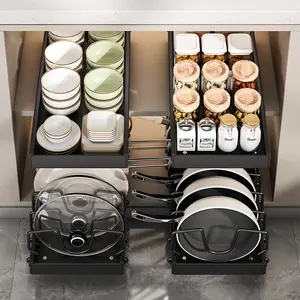 Pull Out Deep Cabinet Organizer - Adjustable Pot Rack w/Smooth Slide System, Heavy Duty Steel Space Saver for Pots & Pans Storage