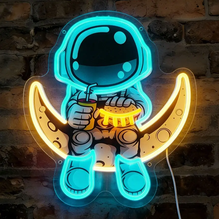Wall-Mounted Creative Astronaut Sitting on Moon Eating Burger Acrylic Engraved LED Neon Light Led Wall Lights | Blue and Yellow Ambient Wall Lamp, USB Dimmable, Led Ambient Lighting, for Gaming Room, Kids' Room, Birthday Gift, Holiday Party, etc