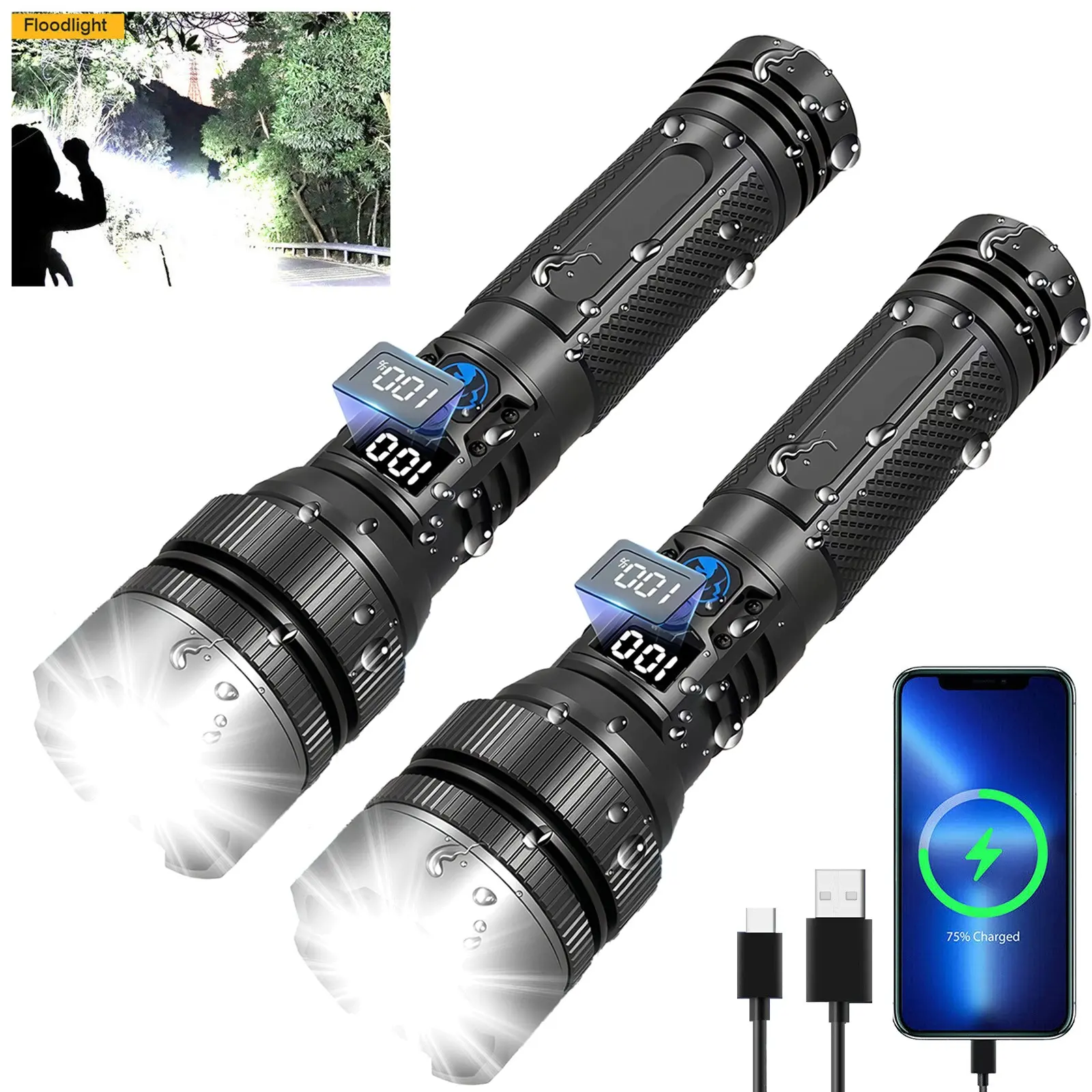 2PCS Rechargeable LED Flashlight High Lumens, Super Bright Flashlights with Zoomable & USB C Rechargeable & 3 Light Mode & IPX7 Waterproof, Powerful Flash Light for Home, Hiking, Camping
