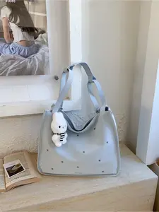 New Sweet & Fresh Style Light Blue Star Studded Tote Bag Plush Bear Charm Large Capacity Women's Bag Perfect for Daily Commutes, Dates, and Everyday Outings