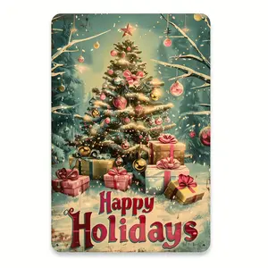 Celebrate The Holidays With Vintage Metal Tree Wall Art Featuring Snowy Forest Scene Gift Boxes And Festive Greeting Perfect For Home Garden Cafe And Restaurant Decor