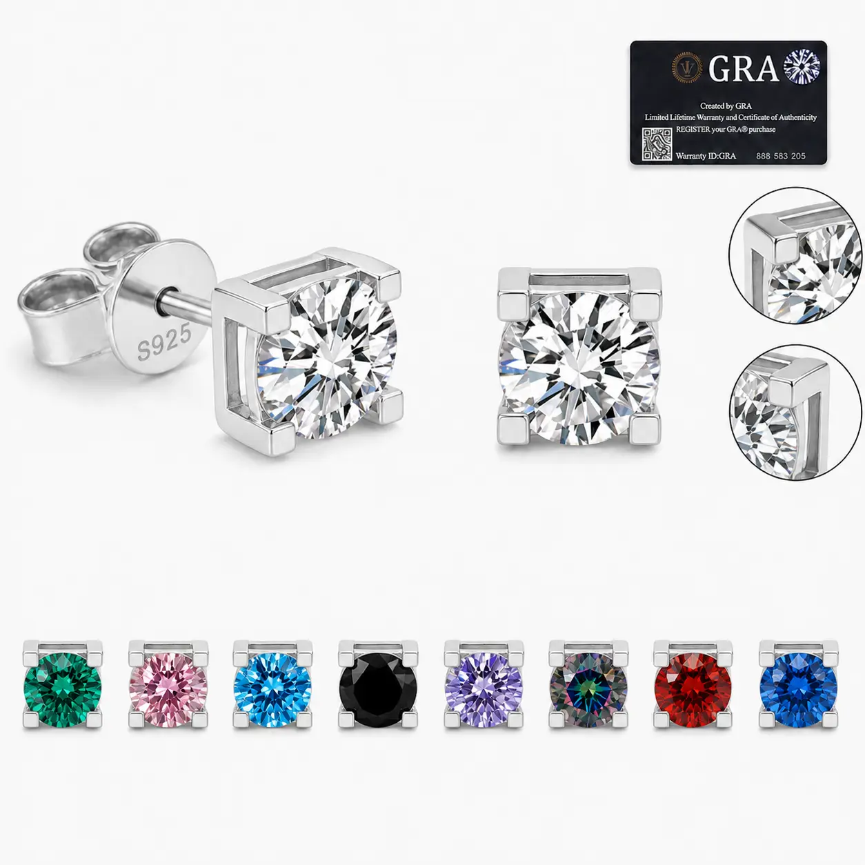 Four Prong Round VVS Moissanite Stud Earrings, Butterfly Push Back, S925 Sterling Silver Hypoallergenic Multi Color Gemstone Jewelry Gift for Women
