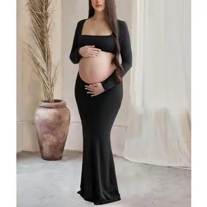 MaternitySolidCutOutBacklessDress-LongSleeveSquareNeck,MaxiDressforBabyShowerParty,FallPhotoDress,MaternityClothes-Pregnancy