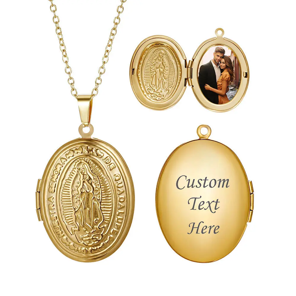 Openable Oval Locket Necklace, 18K Gold Plated 316L Stainless Steel Our Lady of Guadalupe Religious Jewelry