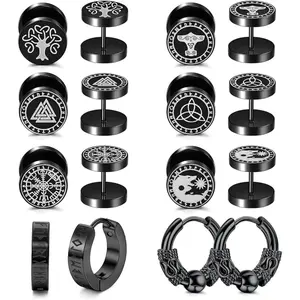 Jstyle 8Pairs Viking Earrings for Men Stainless Steel Norse Viking Stud Earrings Fake Gauges Plug Viking Huggie Hoop Mens Earrings Wolf Runes Divination Piercing Jewelry 18G Black Daily