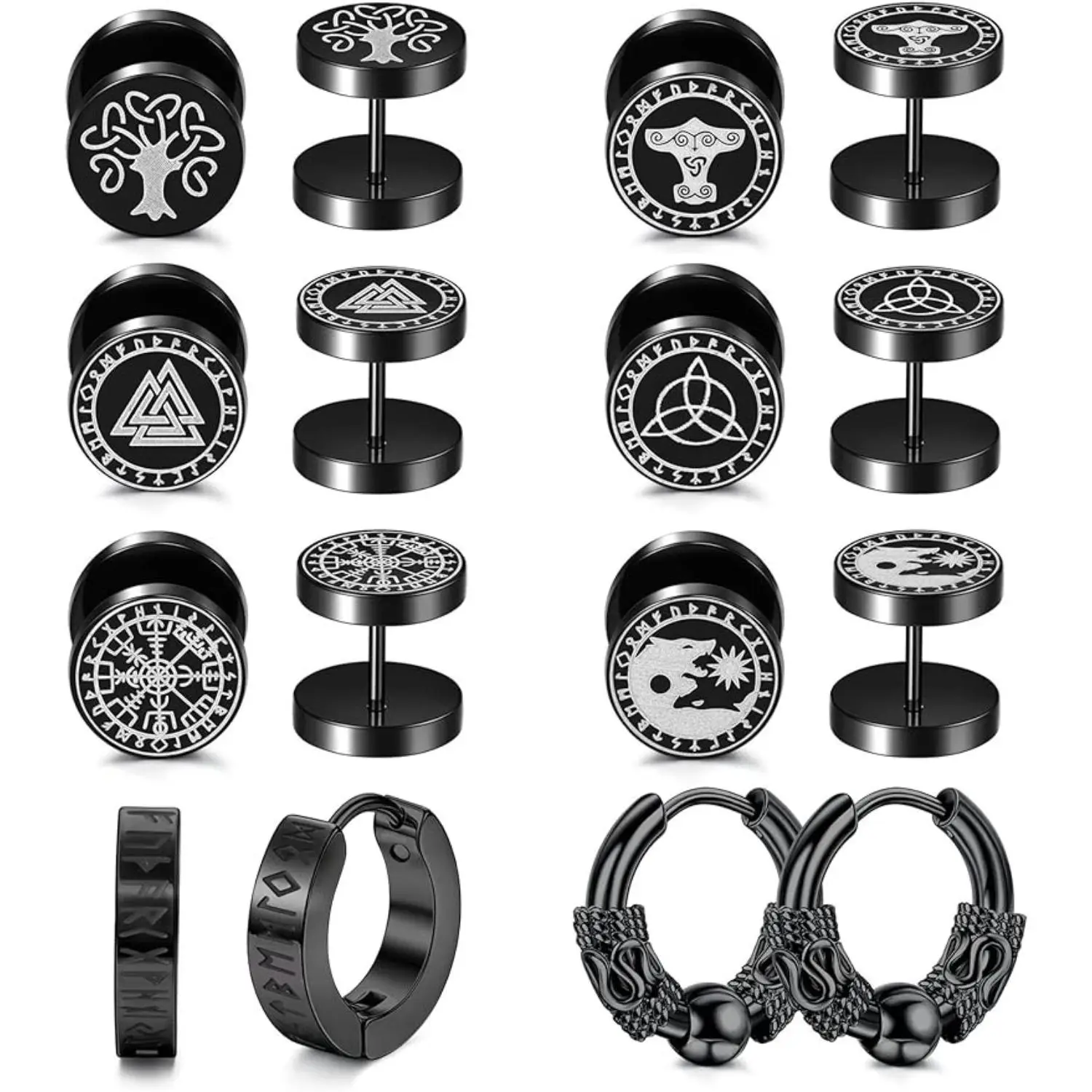 Jstyle 8Pairs Viking Earrings for Men Stainless Steel Norse Viking Stud Earrings Fake Gauges Plug Viking Huggie Hoop Mens Earrings Wolf Runes Divinati