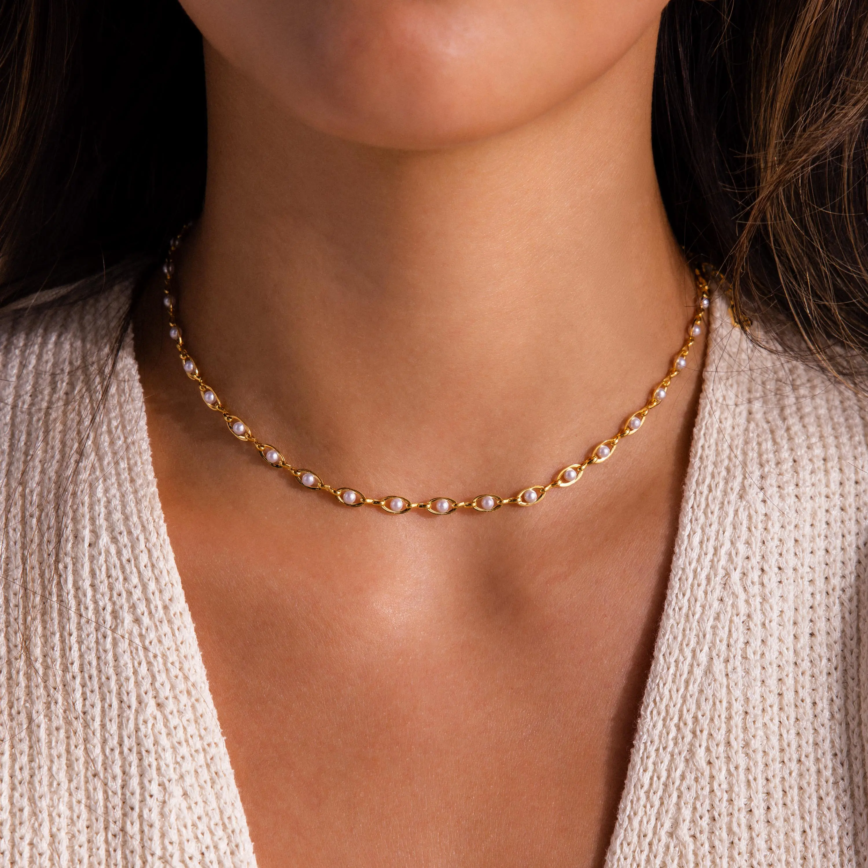 Eternity Pearl Choker Necklace by Caitlyn Minimalist - Dainty Link Pearl Necklace in Gold & Silver - Boho Wedding Jewelry - Bridesmaids Gifts