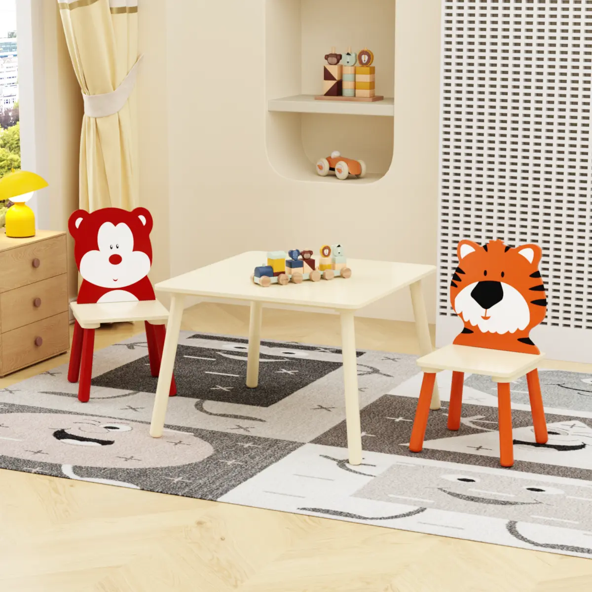 Kids' Sturdy 3-Piece Wooden Table and 2-Chair Set - Animal Cartoon Toddler Activity Play Furniture, Indoor Bedroom/Playroom Gift for Ages 3-8, Animals, 3-Piece Set