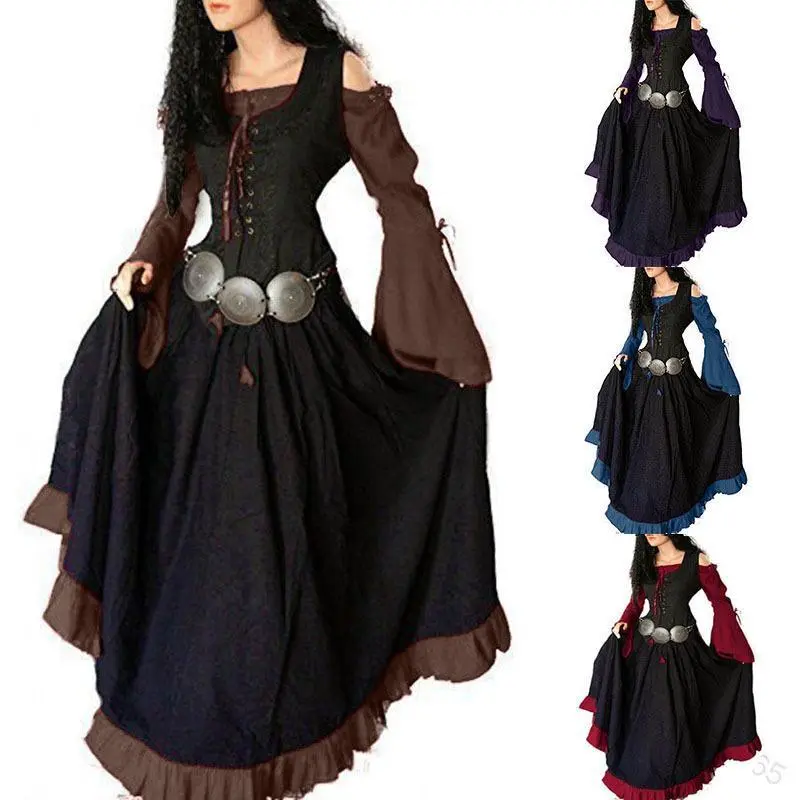 European and American Medieval Court Retro Slim Fit Off-Shoulder Tie Large Swing Dress with Patchwork Flare Sleeves Vintage Victorian Style Renaissance Costume Corset Top Womenswear