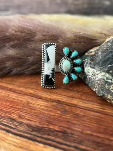 Handmade Sterling Silver Paloma with Kingman Turquoise and White Buffalo Adjustable Ring "Signed Nizhoni"
