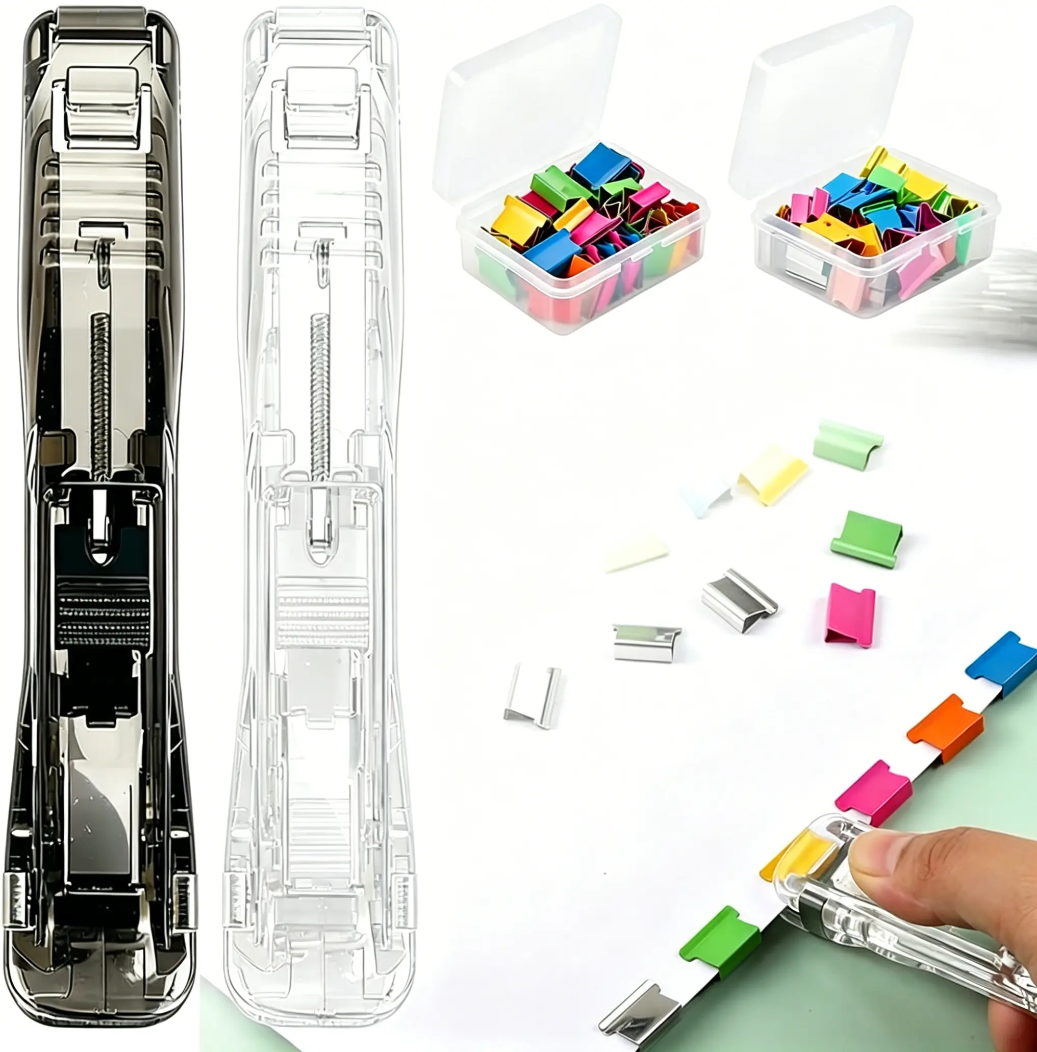 2 Pcs Eco-Friendly Portable Binder Clip Stapler Set with 100 Pcs Colored Small Clips - Office Accessories, No Holes/Staples, Reusable, Non-Destructive Paper Fastening Tool for School, Office Organization