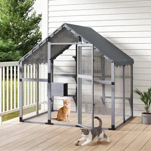 Large Cat Enclosure Catio Outdoor, Walk-in Cat House with Window Connection, Weatherproof ，Condo, Platform,Small Animal House for Multiple Kittens, Grey