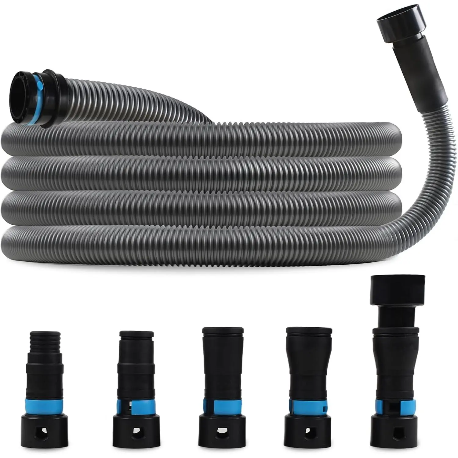 Upgraded Kink-Free 1.25-Inch x 17 Ft. Dust Collection Hose with Quick-Release 5 Multiple Fittings/Adapters, Long Lasting Construction Shop Vac Accessory for Woodworkers’ Wet-Dry Vacuums, Workshop Power Tools, 1-Year Support, Dust Extractor