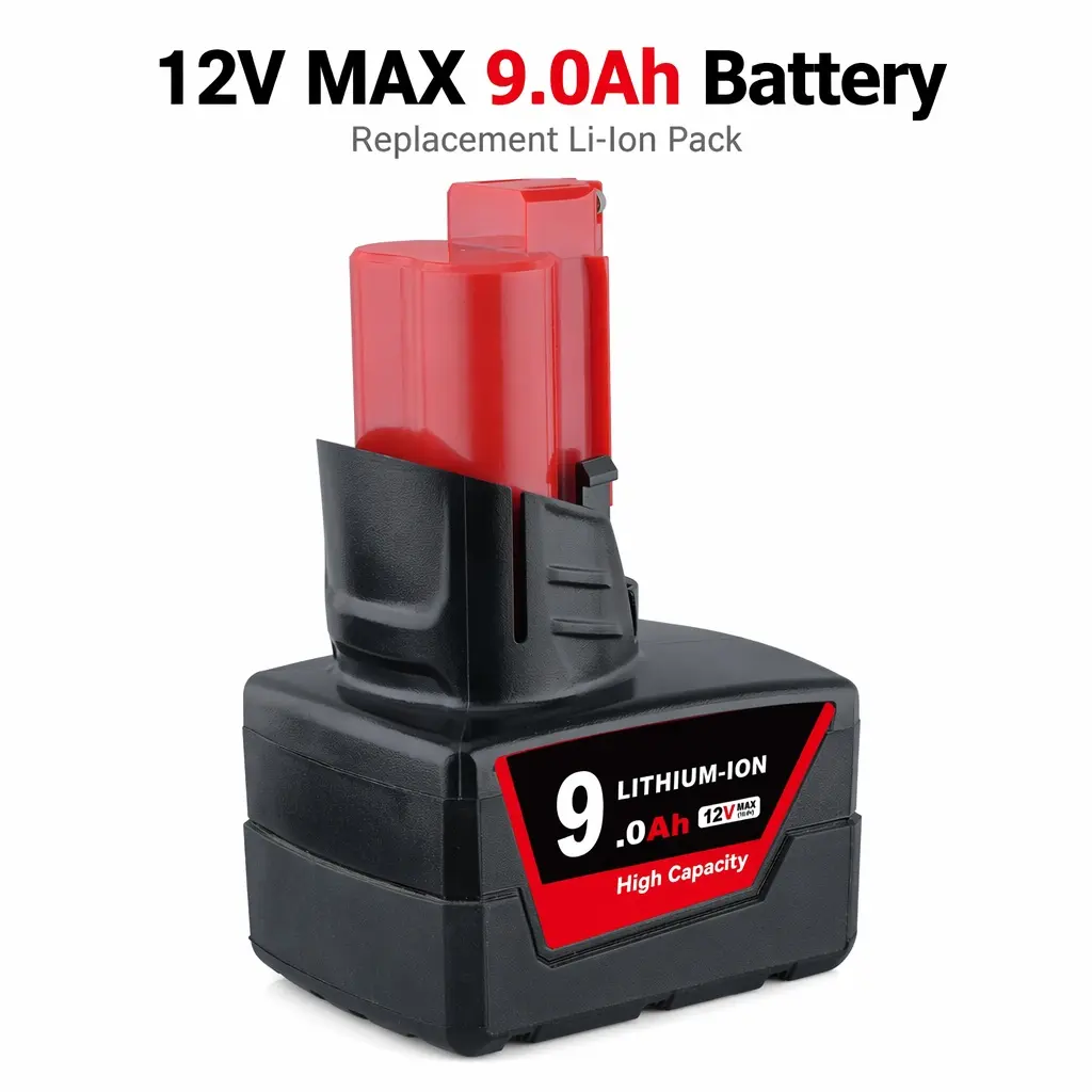 Milwaukee M12 12V MAX Li-ion Cell 9.0Ah (9000mAh) Replacement Battery - Overcharge Safe, Sliding Fit for M12B6, M12 Series 48-11-2440 Cordless Drill Impact Driver