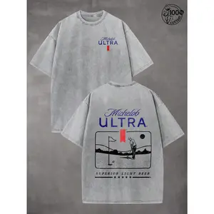 Golf Retro Washed 230g Cotton T-Shirt for Men, Loose Crew Neck, Casual Breathable, Michelob Ultra Golf Design,Suitable For Street Retro And Outdoor Sports And Leisure, Everyday Outfit