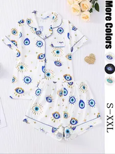 Women's All Over Cartoon Eye Print Short Sleeve Two-Piece Set, Comfy Button-Front Chest Pocket Lapel Neck Top & Elastic Waist Shorts PJ Set, Ladies Sleepwear for All Seasons, Pajamas, Loungewear
