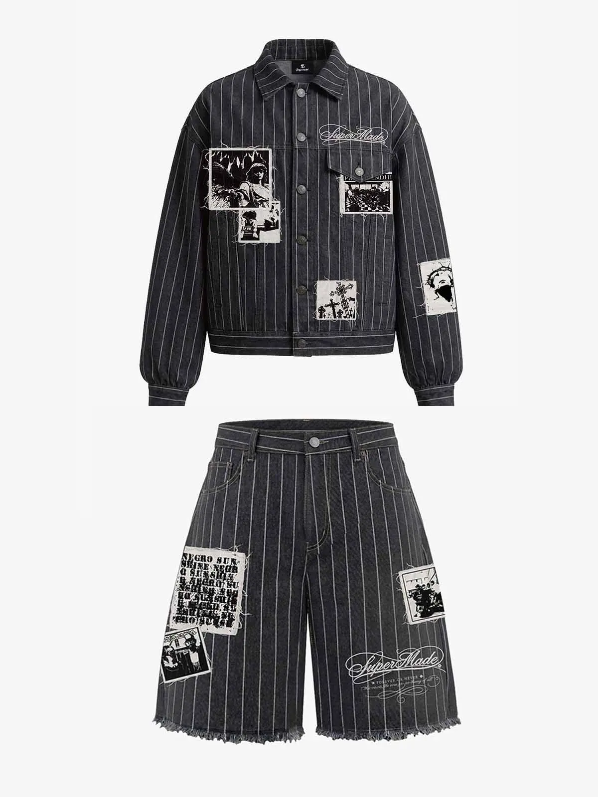 Thesupermade Vintage Pinstripe Patchwork Baggy Denim Set | Washed Black Graphic Streetwear Two-Piece Unisex