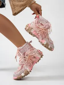 Women's rhinestone lace bow platform high-top sneakers; casual platform shoes; all-season commuting shoes Footwear