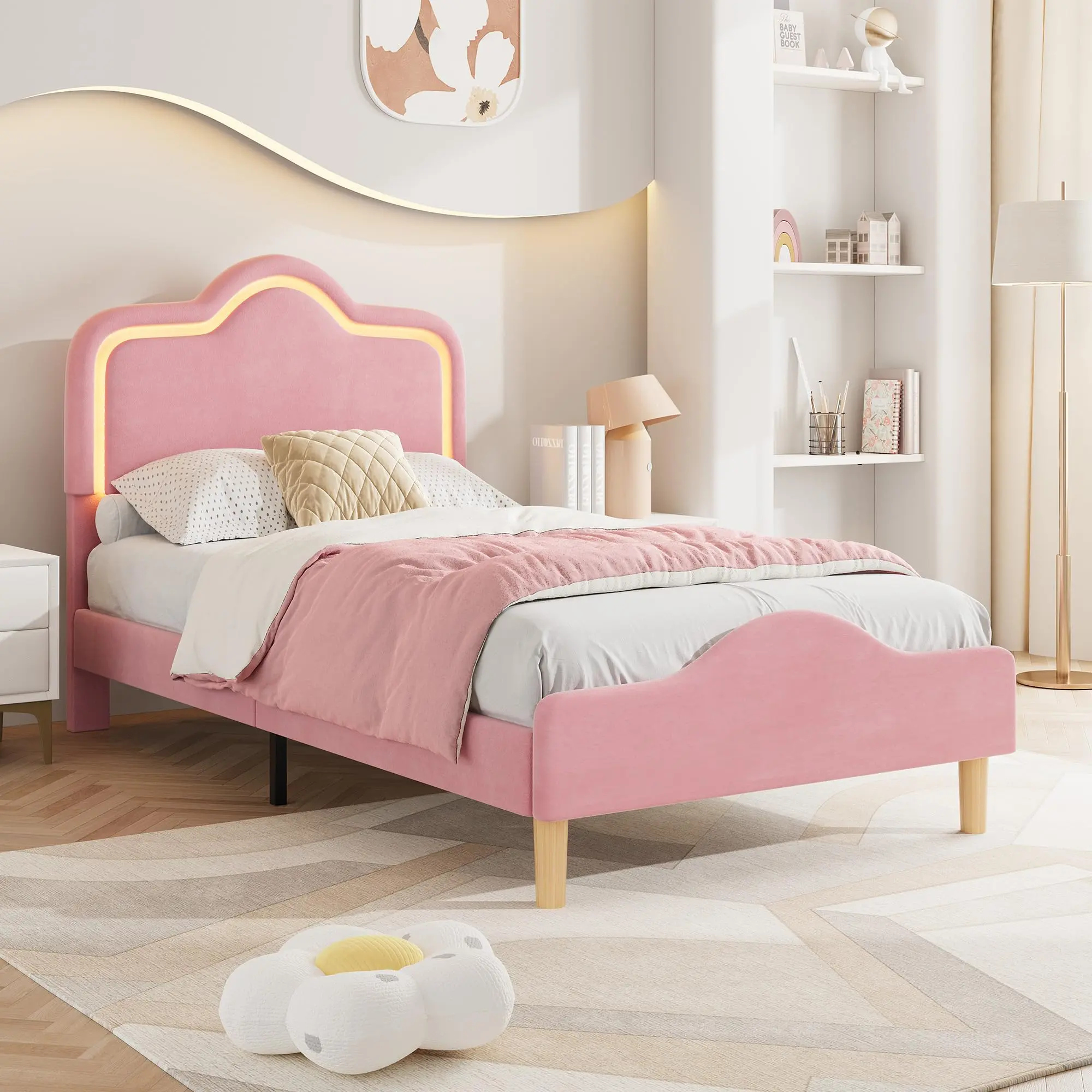 Garvee Full Size Velvet Upholstered Princess Platform Bed with Adjustable Headboard, LED Light Up Frame, Wooden Slats, and Footboard in Pink - No Box Spring Needed