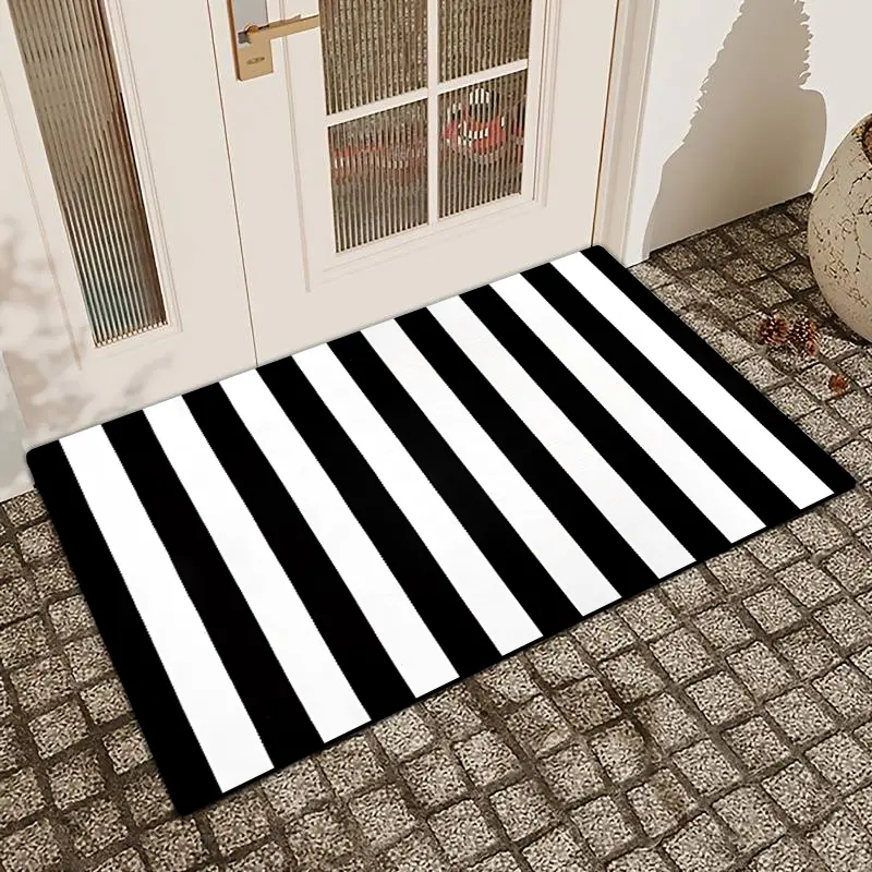 1 Pc Black And White Striped Printed Door Mat With Linen Surface, Diatomaceous Earth Anti Slip And Absorbent, Indoor And Outdoor Door Mat, Non Slip Doormat, Home Decorative Rug, Non Slip Rug, Kitchen, Bathroom, Bedroom Decoration