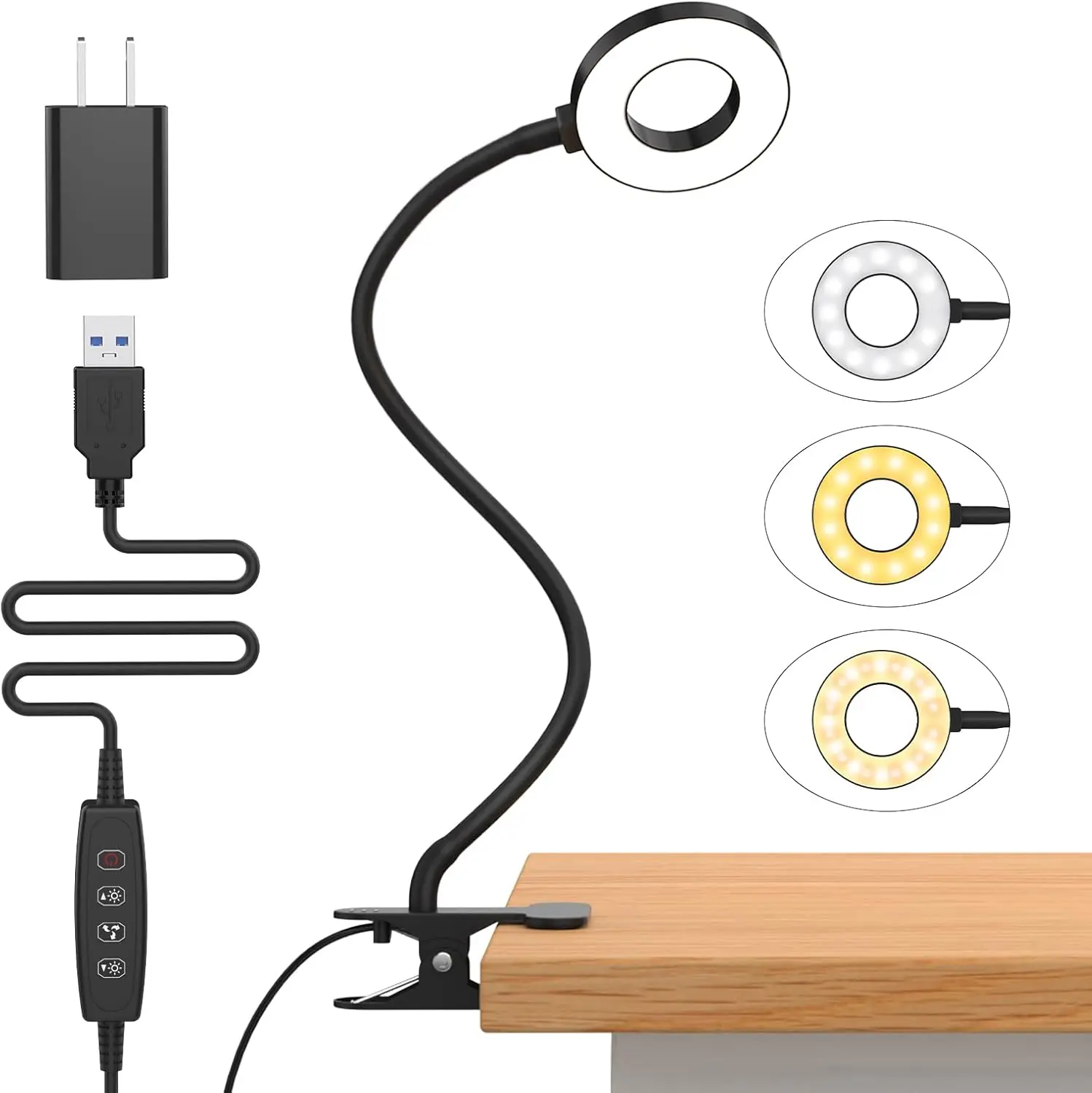 15.8'' Black Desk Lamp - LED Table Lamp with Clamp, Silicone Flexible Arm, 3 Color Modes & 10 Brightness Levels, Book Light for Kids Bedtime Reading, Clip-on to Headboard, Table, Dorm, Table Lamps