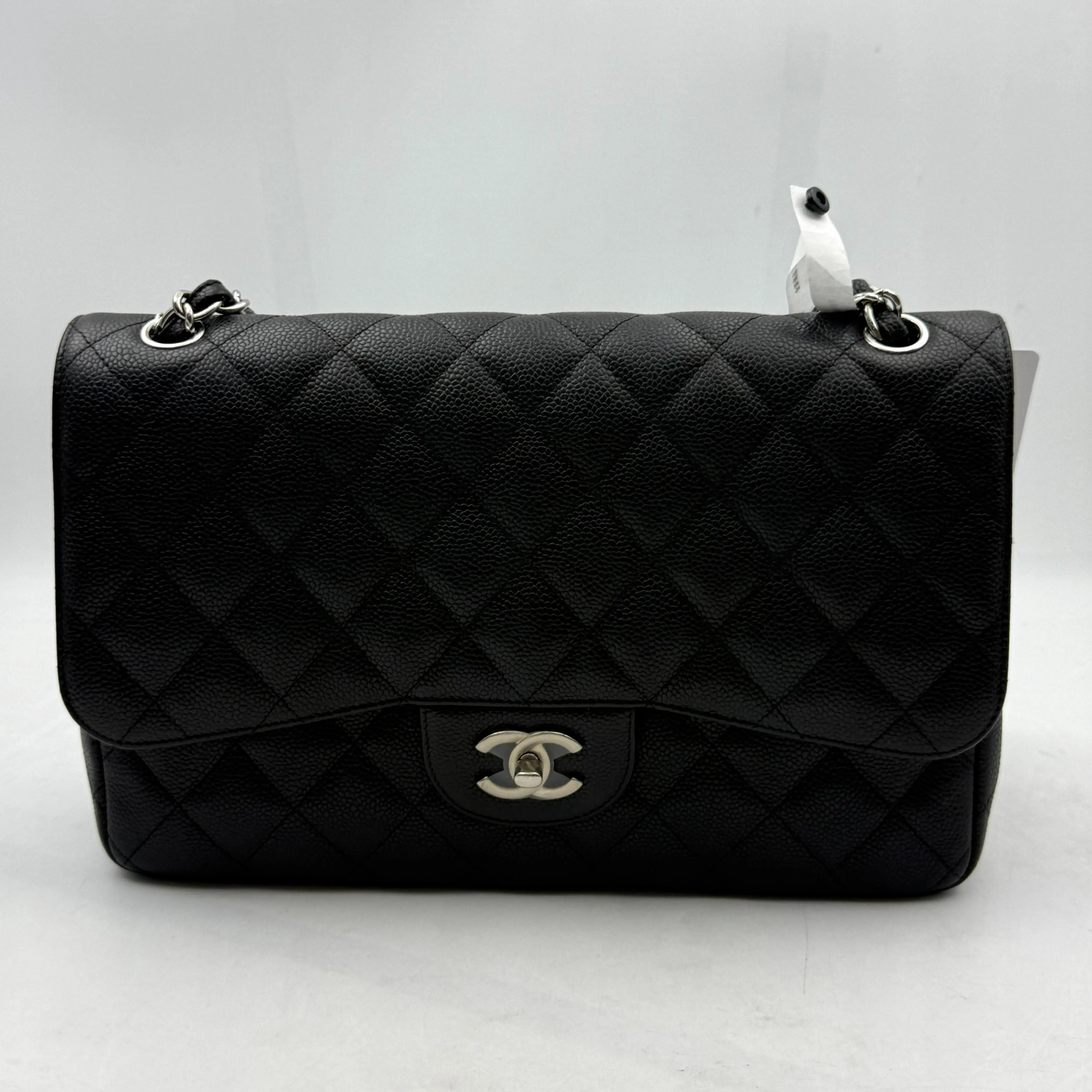 Pre-owned CHANEL Genuine Authentic jumbo Classic Flap Bag Black Caviar Leather Interlocking CC gold Turn Lock