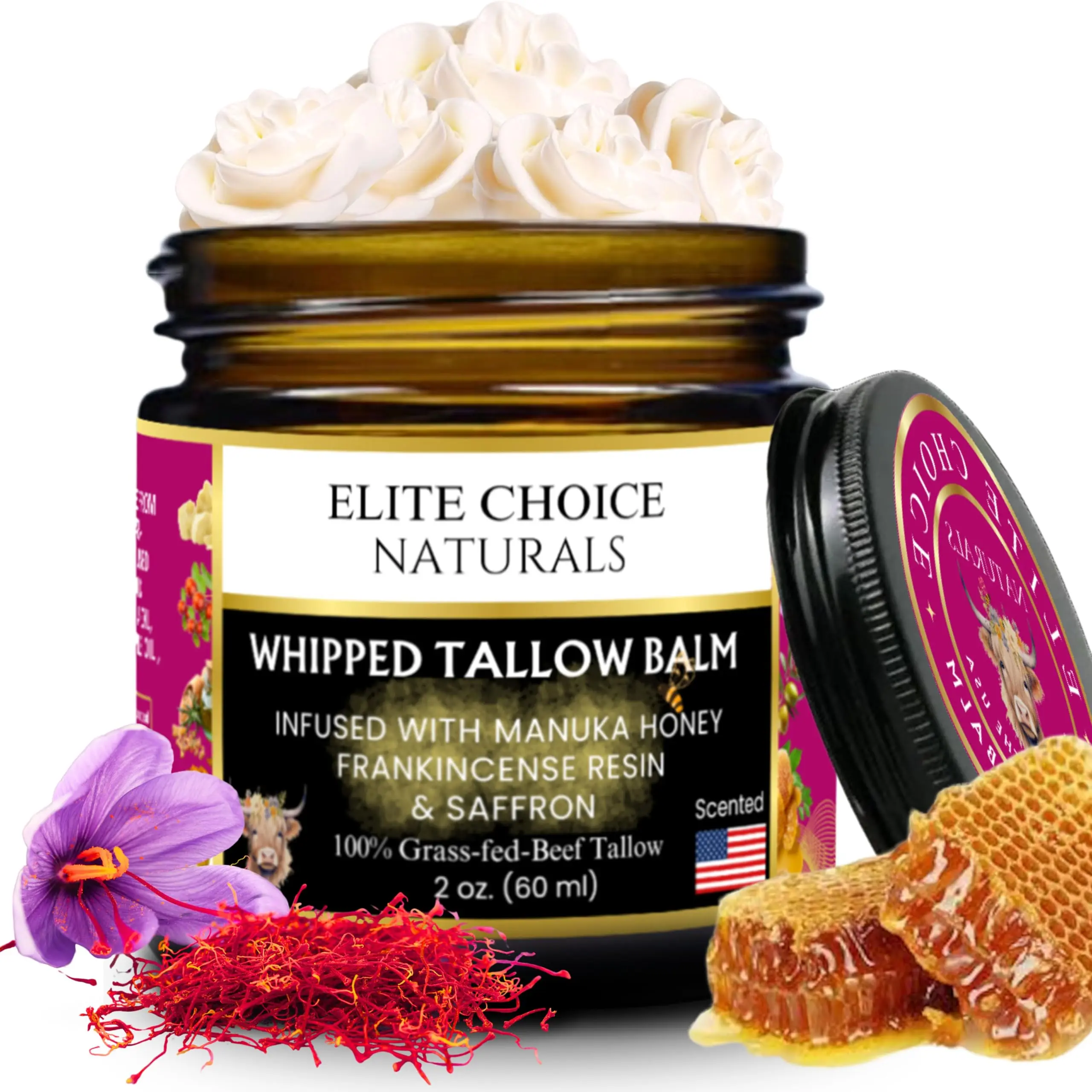 Elite Choice Naturals Whipped Tallow Balm with Raw Manuka Honey & Frankincense Organic Anti-Aging Face Neck Décolleté Cream Boosts Collagen Reduces Wrinkles Fine Lines Pigmentation Puffiness Sunburn 2 oz - Moisturizer