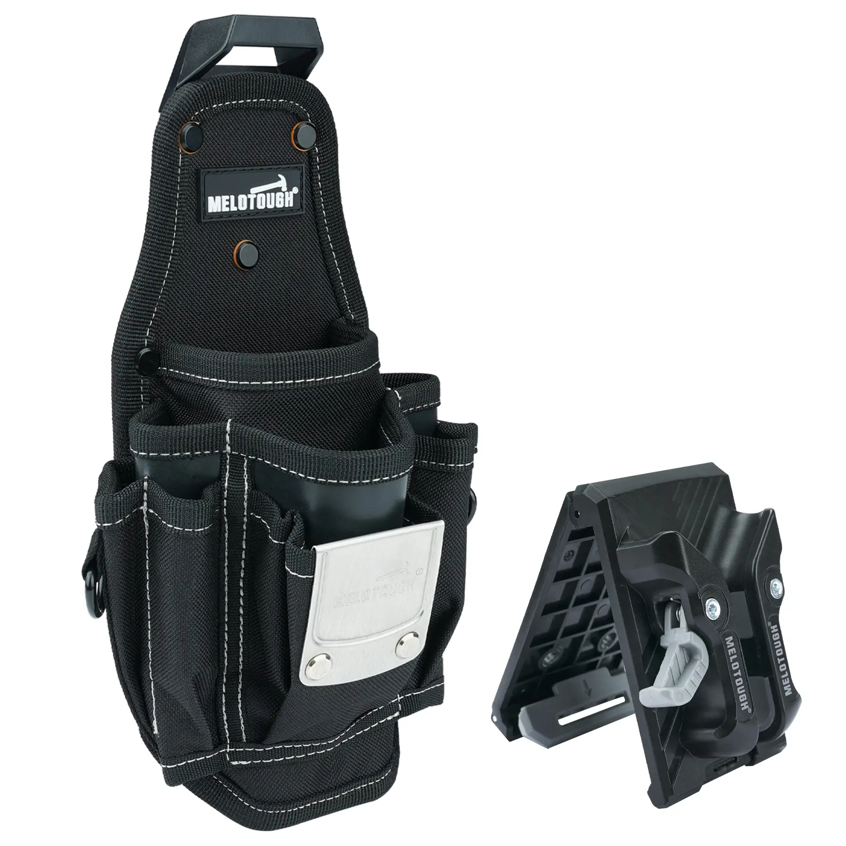 MELOTOUGH Pocket Tool Belt Pouch-Small Tool Pouch with Quick Release Belt Clip,Clip on Larger Pockets & Loop, Clip on-Tool Holder Accessory for Electricians, Construction Workers, Handymen and Daily Tool Storage