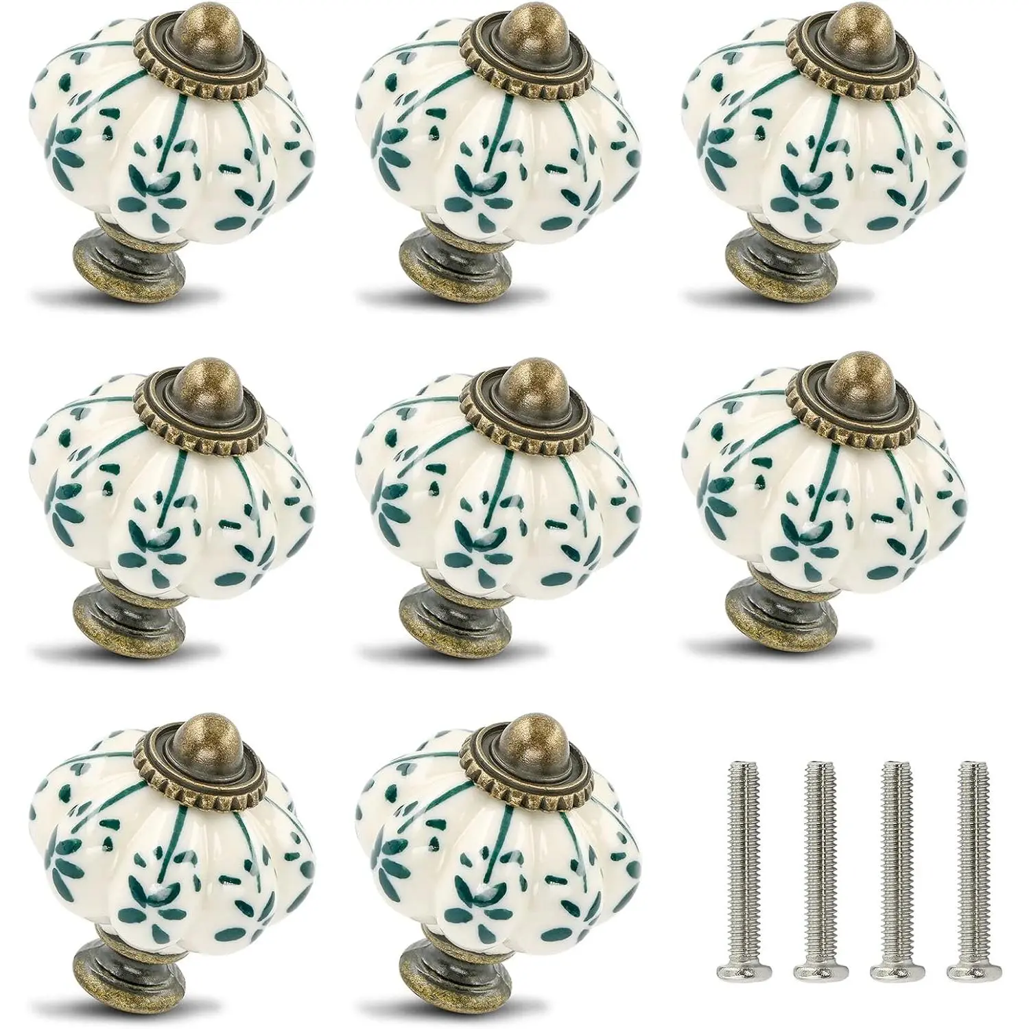 Ivory & Green Pumpkin Knobs 12 Pack Ceramic Cabinet Knobs Vintage Drawer Pulls - Antique Dresser Pulls with Screws - Green Flower