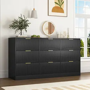 9 Drawers Dresser Storage Cabinet, 63'' Modern Wooden Chest of Drawers with Golden Handles & Fluted Panel Design, TV Console Stand Organizer for Bedroom, Living Room, Hallway (Black)