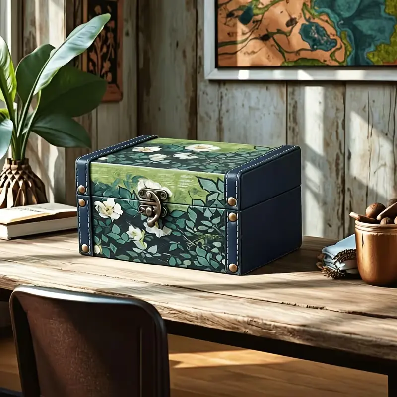 Antique Handmade Distressed Wooden Treasure Chest with Leather-Floral Accents, Metal-Hardware Home Organiser Storage Box for Jewelry Souvenirs, Ideal Christmas Gift for Adults