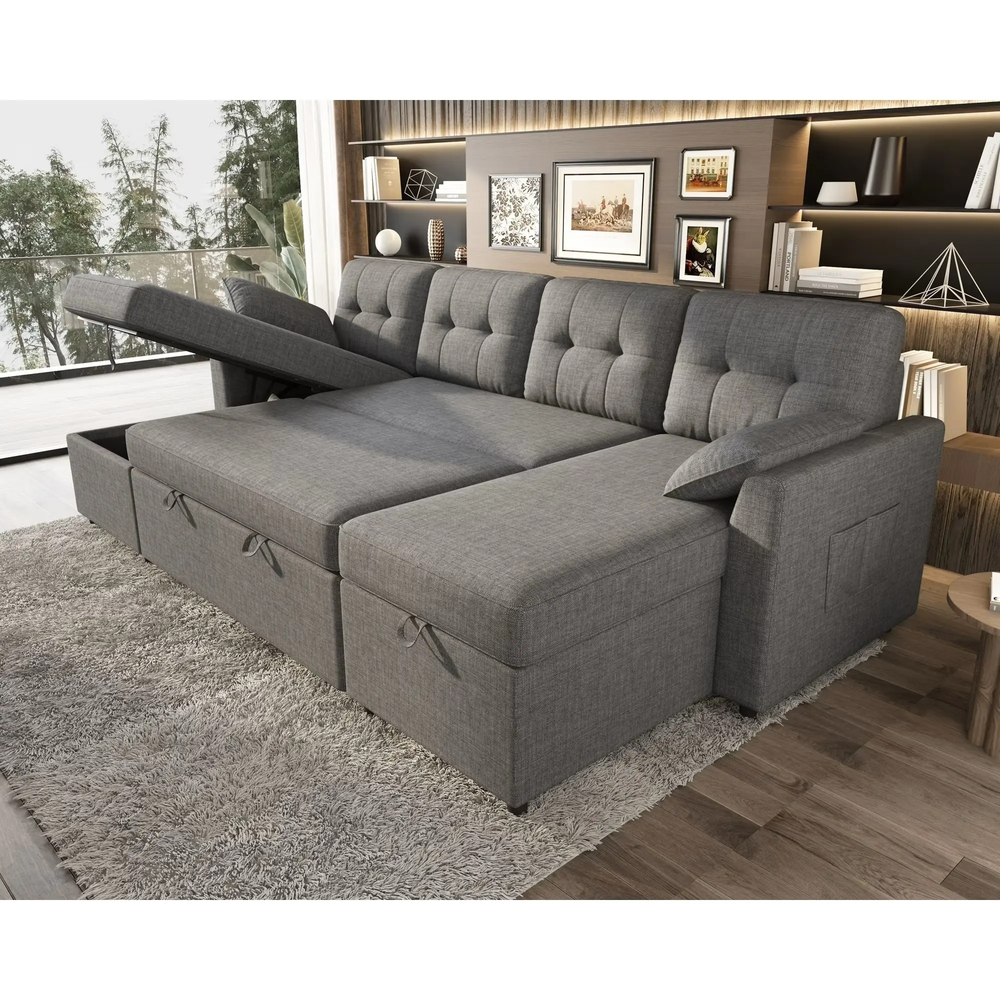 [SummerSale][Ships in Multiple Packages] AMERLIFE Linen  84"/112" Sectional Sofa with Storage Chaise, Reversible Pull Out Couch Bed,  L Shaped/ U Shaped Couch, Oversized Sleeper Sofa for Apartment, Living Room