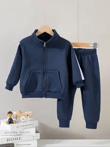 2-piece boys' fashion set autumn/winter fleece-lined long-sleeved jacket and trousers casual infant color-block zip-up jacket and cuffed trousers children's warm sweatshirt set suitable for going out Clothes Kids Matching Set Outfit