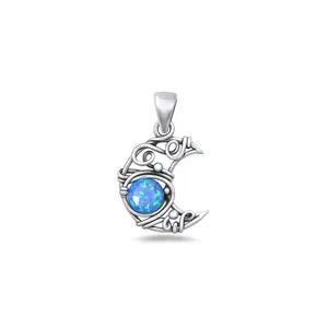 Sterling Silver Crescent Moon Blue Lab Opal Pendant