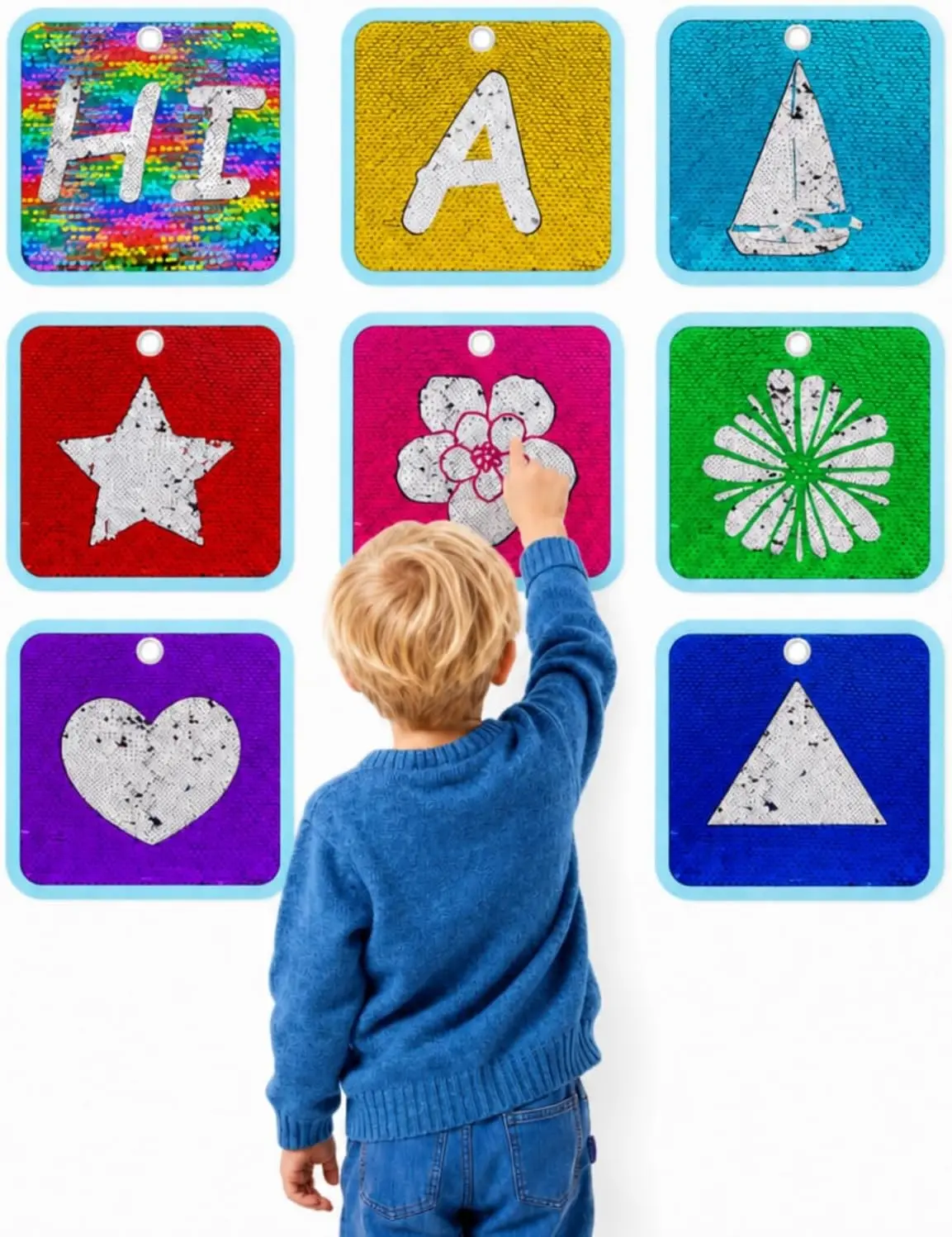 8 Pieces Sequin Sensory Mats Sequin Fabric Wall Panel 8" Assorted Tactile Flip Sensory Tiles Pads Play Mat Educational Fabric for Tactile Play