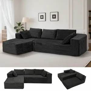 108.5” Modular Cloud Sectional Sofa with L Shape Chaise, Oversized Boneless Deep Seat Couch with Corduroy Fabric, No Assembly Required Living Room Sofa, Black，Dark gray