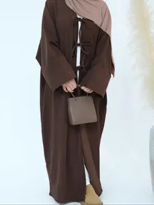 Women's Solid Color Corduroy Abaya, Casual Long Sleeve Tie Front Muslim Dress for Fall & Winter, Women's Islamic Clothing for Daily Wear, Dresses for Women, Modest Muslim Outfits
