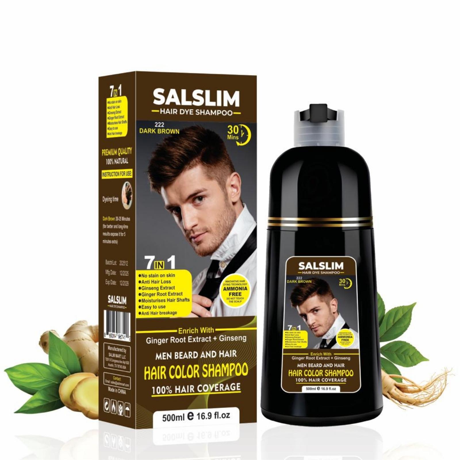 SALSLIM 7-in-1 Hair Dye Shampoo | Hair Color Shampoo for Gray Hair | Herbal & Natural Hair Dye Shampoo with Ginseng & Ginger Roots | Ammonia Free | Long Lasting | Men & Women