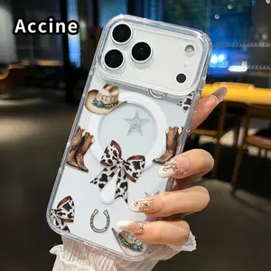 Western Whimsy Pattern Magnetic Phone Case for iphone 17 Pro Max 16 Plus 15 14 13 12 11 Air XR E Anti-Yellowing Shockproof Lightweight Transparent Acrylic Large Hole Soft Cover Supports Wireless Charging