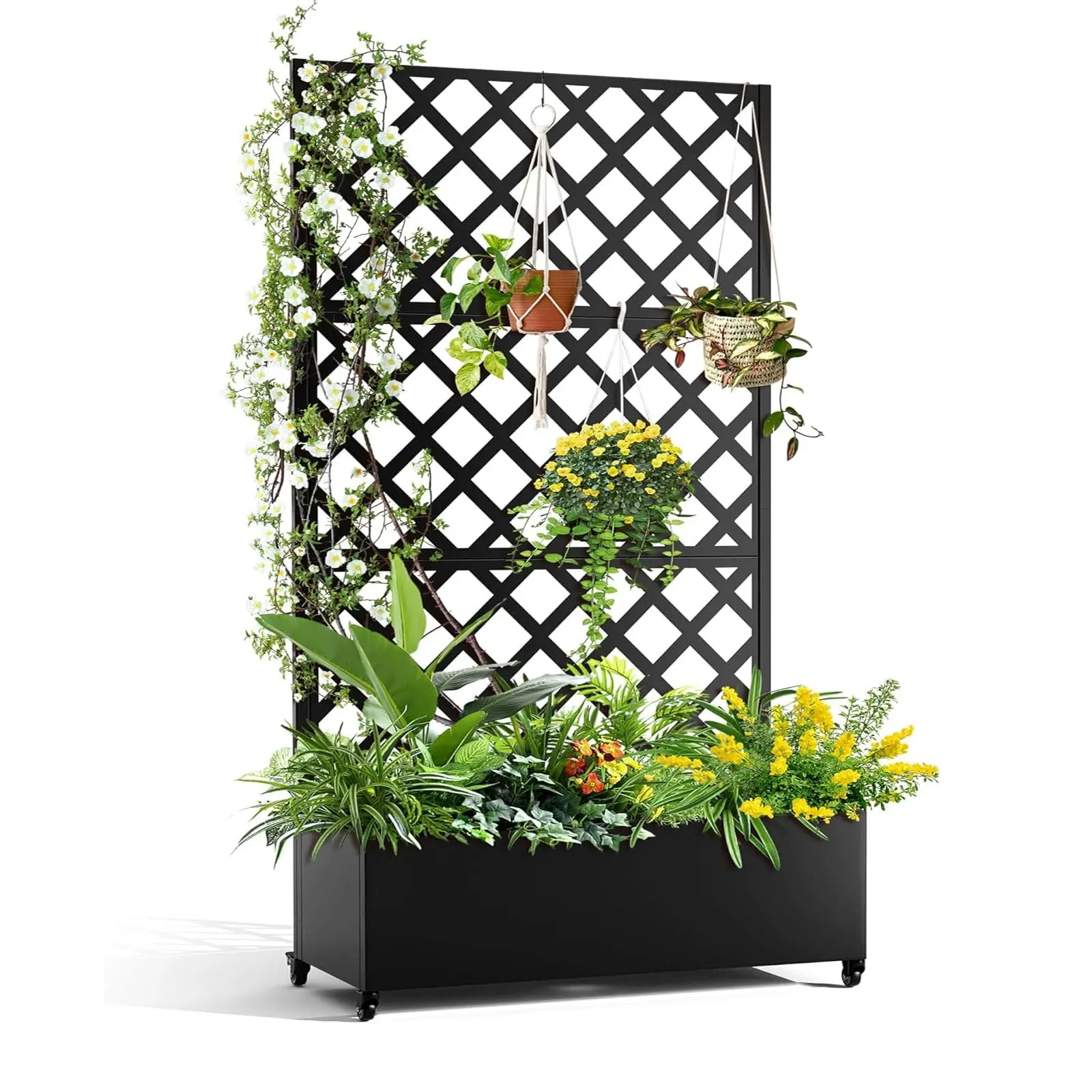 Large Raised Metal Planter Box with Diamond Lattice Trellis & Wheels, Galvanized Steel Outdoor Planter with Drainage Holes for Climbing Plants & Vines, Mobile Garden Bed for Patio Garden Balcony