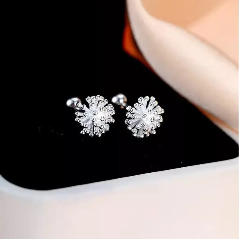 Women's 925 Silver 6/8MM Dandelion Bead Screw Stud Earrings, Classic Light Luxury Fashion Jewelry, Plant-Themed Accessories