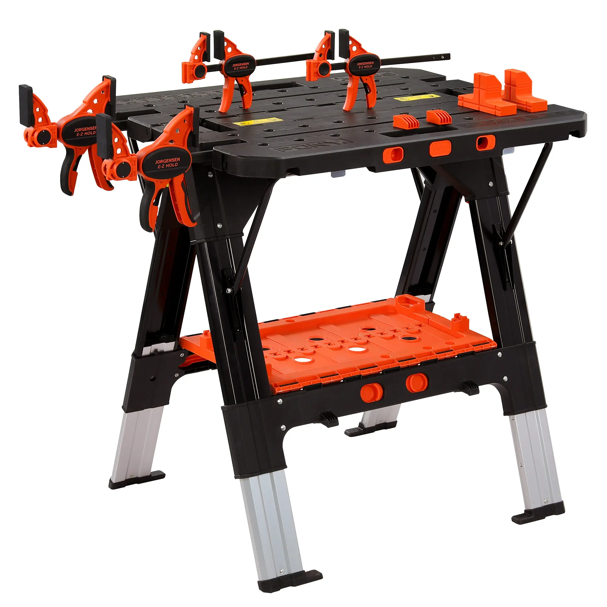 #fathersdaygift Pony Portable Folding Work Table, 2-in-1 as Sawhorse & Workbench, 31” W×25” D×25”-35”H, Large Load Capacity with 4pcs Clamps, 4counts Bench Dogs Collapsible Stool