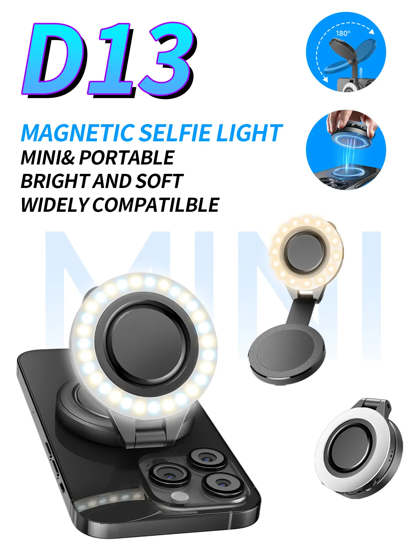 D13 Magnetic Selfie Light, Phone Light Compatible with iPhone Magsafe, 360° LED Selfie Ring Fill Light with Mirror for Selfies/Photography/TikTok/Zoom Calls/Video Conference