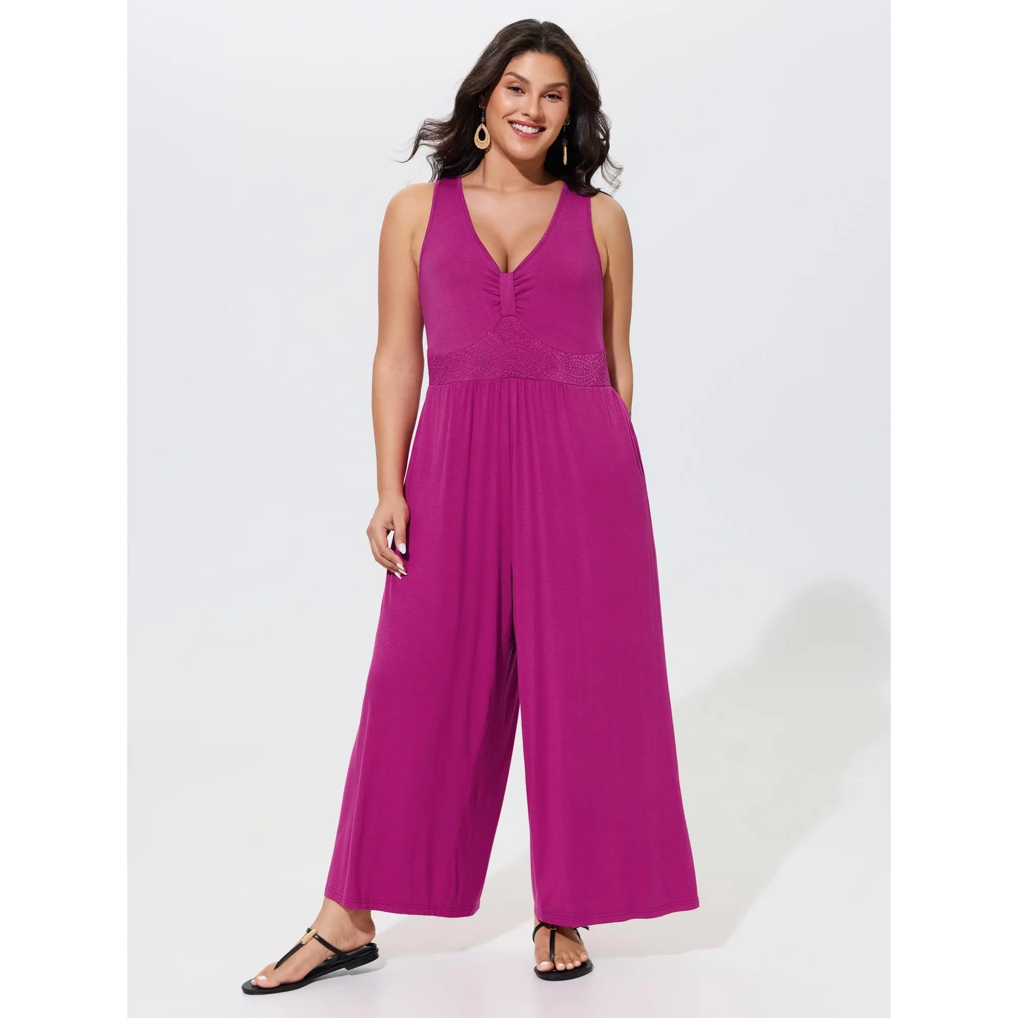 BLOOMCHIC Women's Plus Size Spandex Fabric V-Neck Sleeveless Ruched Front Lace Waist Jumpsuit Overalls [M-6X] - Flattering Fit Garment for Back To School, Spotlight Day