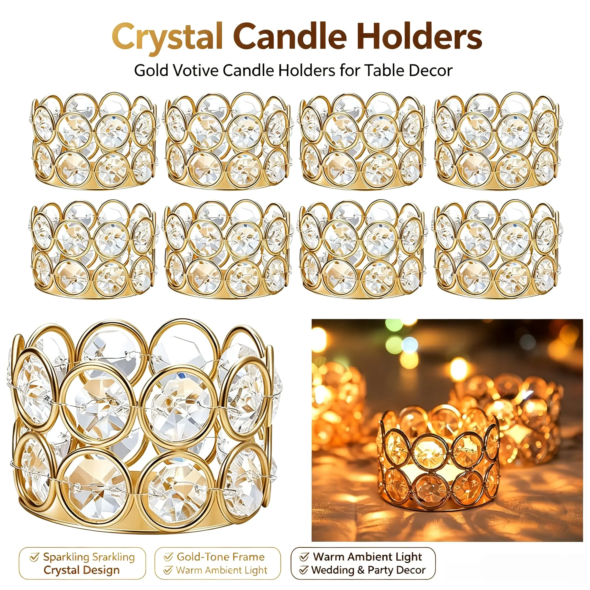 Gold Finish Tea Light Candle Holders - Multi-Size Bulk Set (4/8/12-Piece) Luxury Home Decor, Tea Light Candles Holder Decoration Items for Wedding, Holiday Events