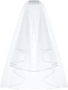 White Double Ribbon Edge Center Cascade Bridal Wedding Veil with Comb